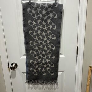 Coach Signature Monogram Reversible Wool Blend‎ Scarf Grey Blue Fringe Wrap